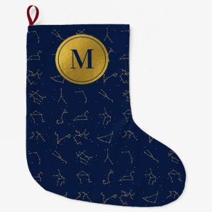 Monogram för guld & marinblå zodiakkonstellationer stor julstrumpa