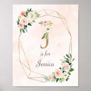 Monogram för guld och Rosa ros Baby Namn Poster