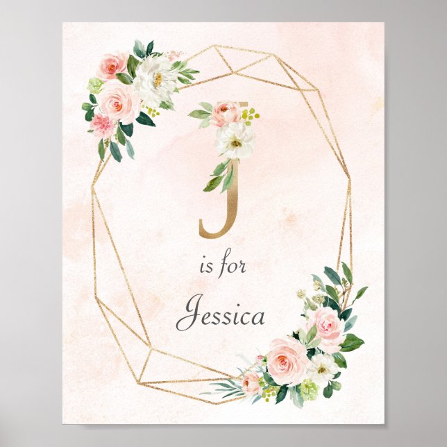 Monogram för guld och Rosa ros Baby Namn Poster (Framsidan)