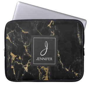 Monogram för guld och svart marble Elegant Laptop Sleeve