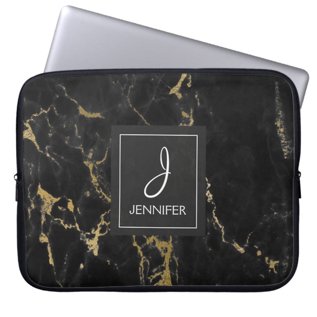 Monogram för guld och svart marble Elegant Laptop Sleeve (Framsidan)