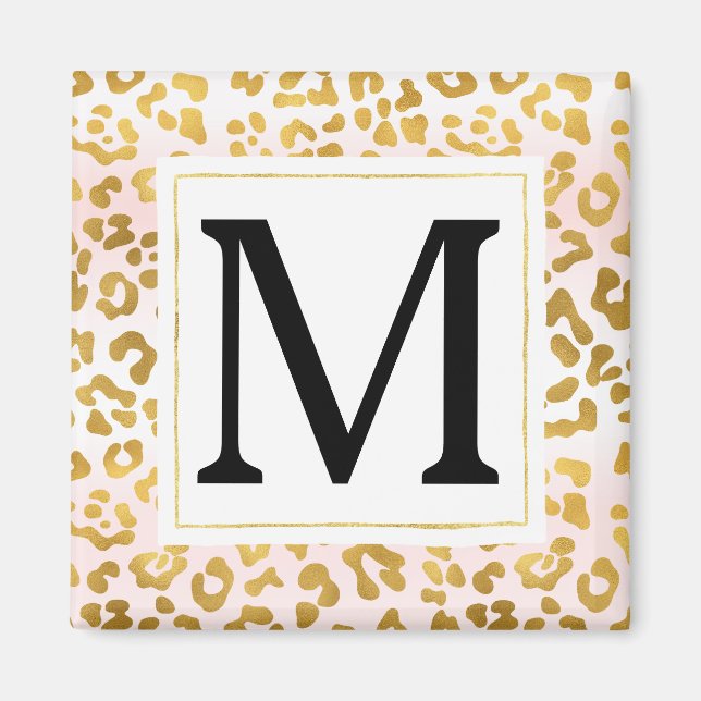 Monogram för guld Rosa White Leopard Magnet (Framsidan)