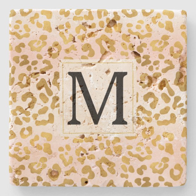 Monogram för guld Rosa White Leopard Stenunderlägg (Framsidan)