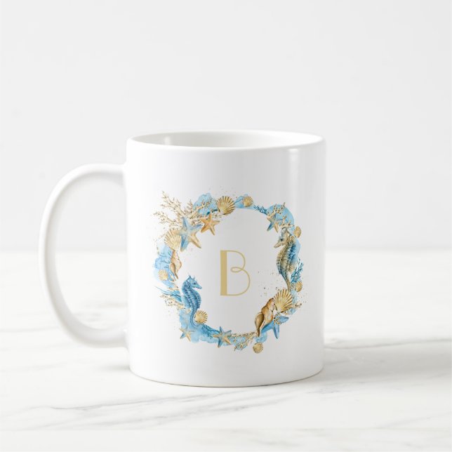 Monogram för havs- och strandblåttguld kaffemugg (Vänster)