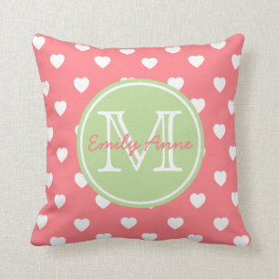 Monogram för hjärtor för för korallrosor och Mint Kudde
