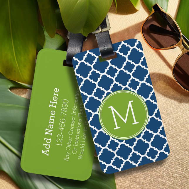 Monogram för kalk och marin katrefoil Mönster Anpa Bagagebricka (Personalized luggage tag - Add Your contact information and monogram)