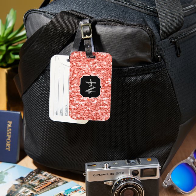 Monogram för kolvar från glitter i mörk i rosa ros bagagebricka (Framsida & Baksida)