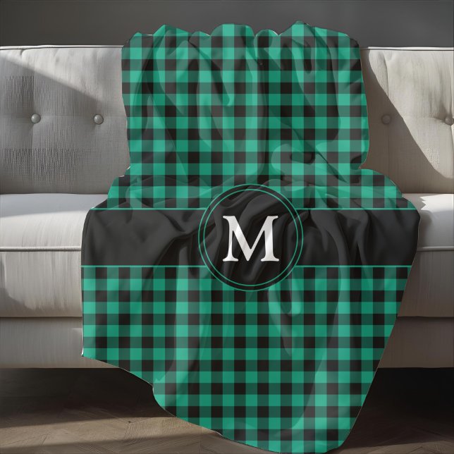 Monogram för kontroll av Grönt Fleecefilt (Rustic Green Plaid Checks Monogram Fleece Blanket)