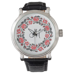 Monogram för kor-stygn i Röd ros Armbandsur
