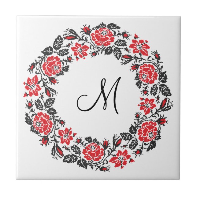 Monogram för kor-stygn i Röd ros Kakelplatta (Framsidan)