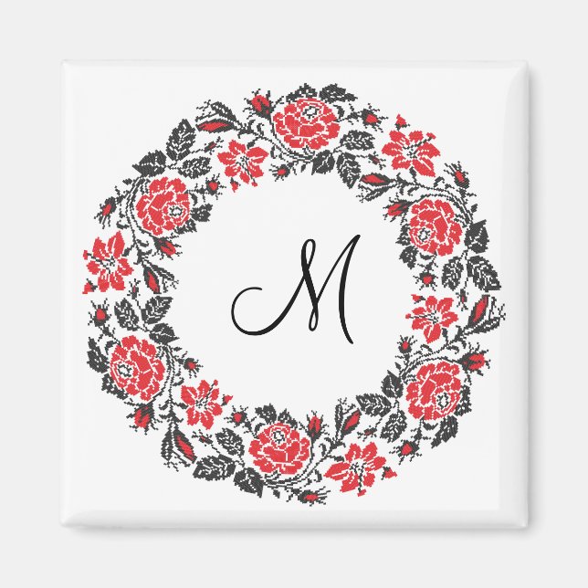 Monogram för kor-stygn i Röd ros Magnet (Framsidan)
