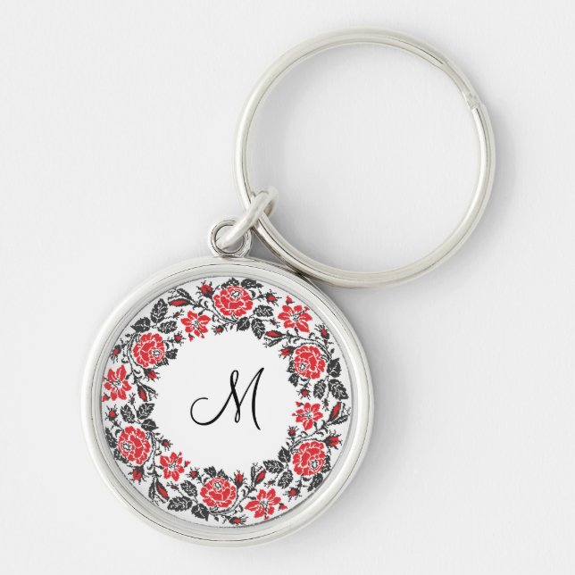 Monogram för kor-stygn i Röd ros Rund Silverfärgad Nyckelring (Framsidan)