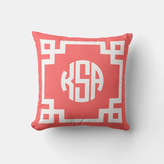 Monogram för koral och vit grekiska Nyckel-cirkel Kudde (Framsida)