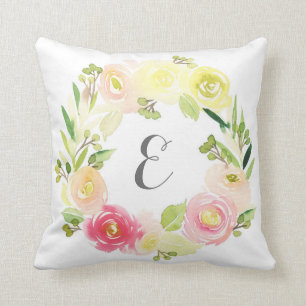 Monogram för kran   för rosa- & gultvattenfärg kudde