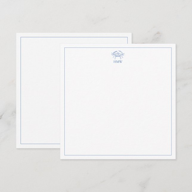 Monogram för kustblått och vitt krabba anteckningskort (Fram/baksida)