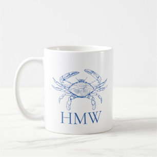 Monogram för kustblått och vitt krabba kaffemugg