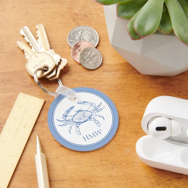 Monogram för kustblått och vitt krabba nyckelring (Skrivbord)