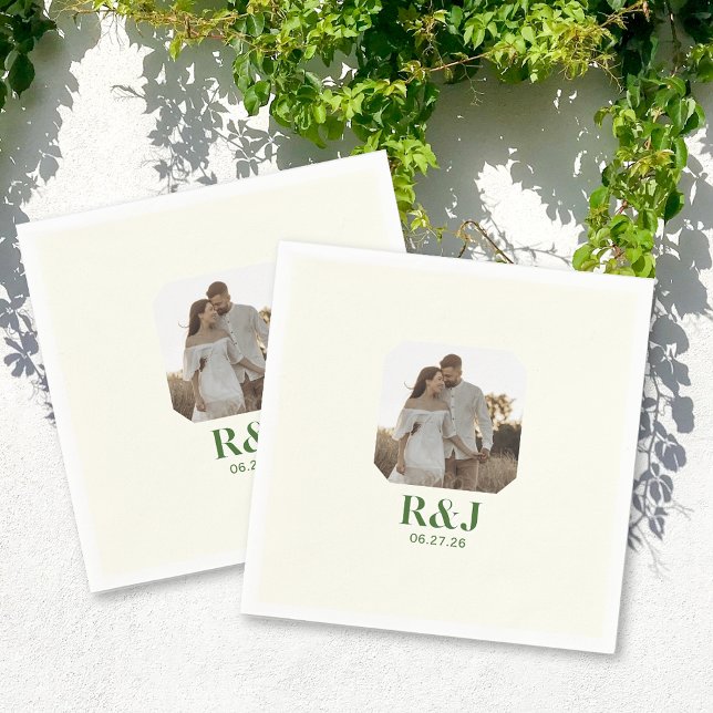Monogram för Lägg till bild Grönt i bröllop Pappersservett (Wedding Couple Add Photo Green Monogram Napkins)