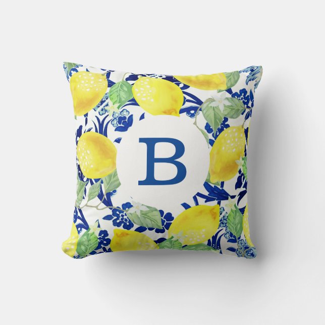 Monogram för landcitron- & blåttblommigt | kudde (Framsida)