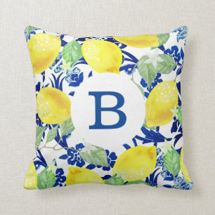 Monogram för landcitron- & blåttblommigt   kudde