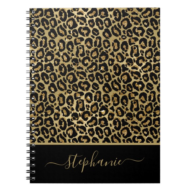 Monogram för leopard på snyggt Guld Glitter Anteckningsbok (Framsidan)