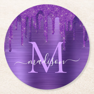 Monogram för lila-Glitter-penseln Metall Underlägg Papper Rund