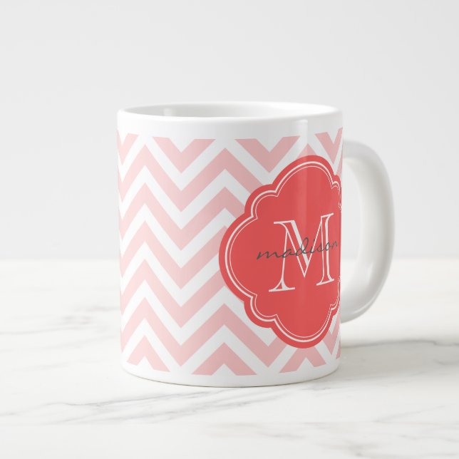 Monogram för ljus rosa och koral Anpassningsbar Jumbo Mugg (Framsida höger)