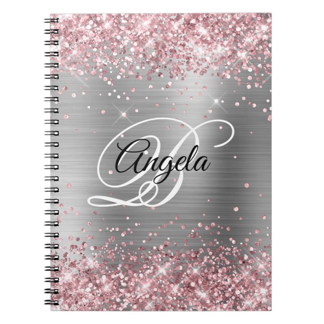 Monogram för ljusa rosa Glitter Metallic Silver Fi Anteckningsbok (Framsidan)