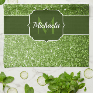 Monogram för ljust grönt faux glitter-sparkler kökshandduk