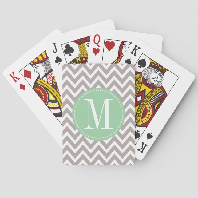 Monogram för ljust grönt och Grått Chevron-Anpassn Spel Kort (Baksidan)
