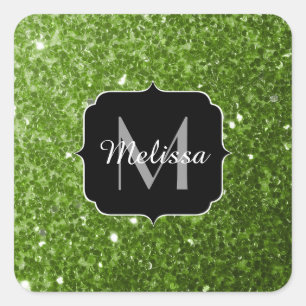Monogram för ljust grönt småsparkler i glitter fyrkantigt klistermärke