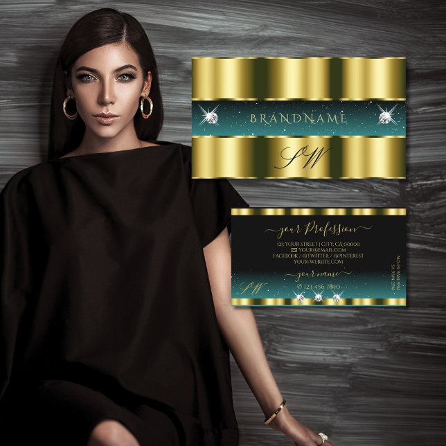 Monogram för lyxfärgade Guld Teal Black Sparkling  Visitkort (Skapare uppladdad)