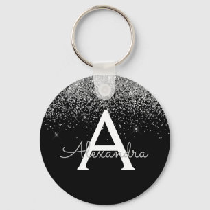 Monogram för lyxiska Silver Black Glitter Nyckelring