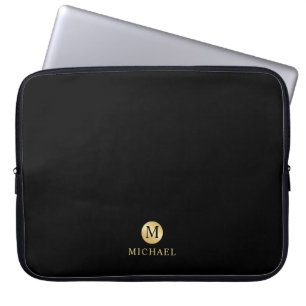 Monogram för lyxsvart och Guld Personlig Laptop Fodral