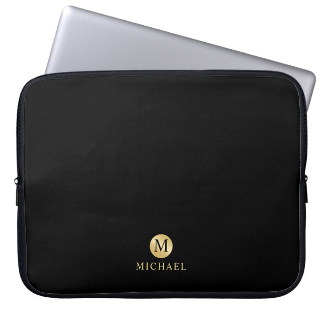 Monogram för lyxsvart och Guld Personlig Laptop Fodral (Framsidan)