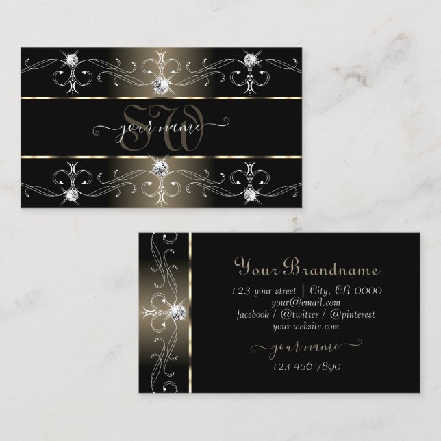 Monogram för lyxsvarta beige Ornate Gräns-juveler Visitkort (Fram/baksida)