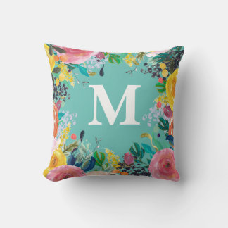 Monogram för målad Personlig för Blommigt Kudde