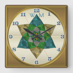 Monogram för Mandala för art décopåfågelfjäd Fyrkantig Klocka