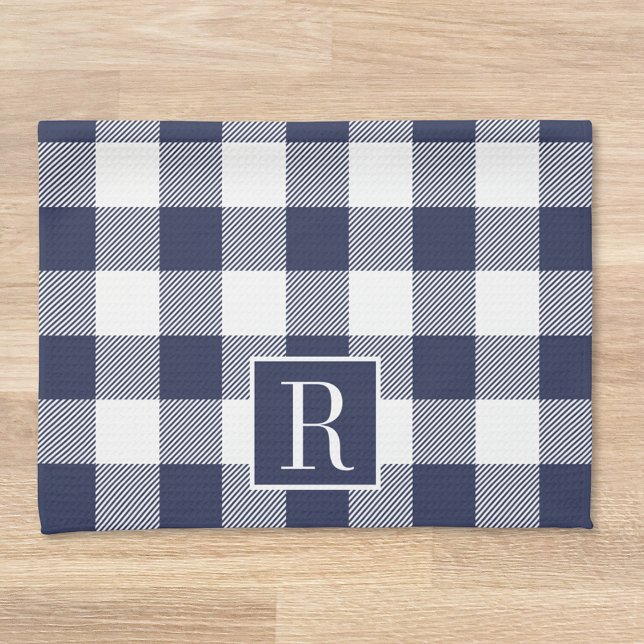 Monogram för marin blå buffelkontroll kökshandduk (Skapare uppladdad)