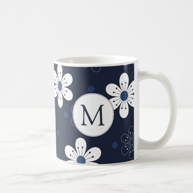 Monogram för marin blå Söt Blommigt Kaffemugg (Höger)