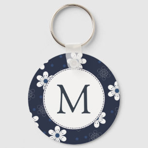 Monogram för marin blå Söt Blommigt Nyckelring