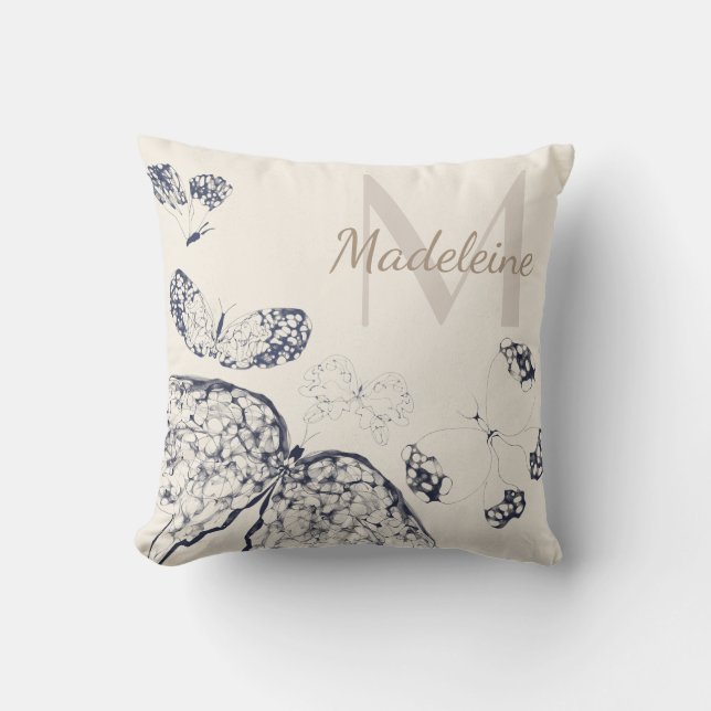 Monogram för marin Elegant Snöre Butterflies Kudde (Framsida)