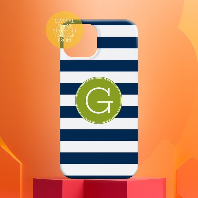 Monogram för marin och vit stripe Mönster Grönt (Personalized Phone Case - Many Device Styles to Choose From)