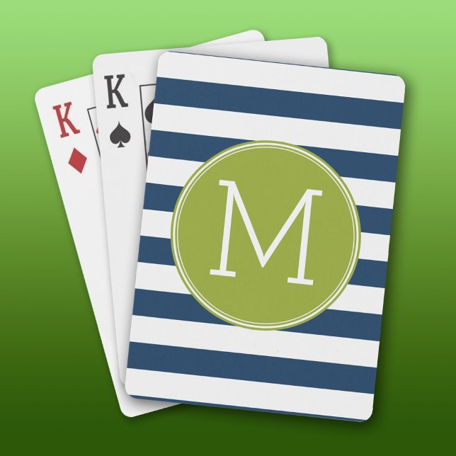 Monogram för marin och vit stripe Mönster Grönt Kortlek (Custom Playing Cards)