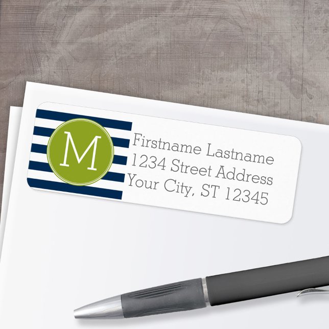 Monogram för marin och vit stripe Mönster Grönt Returadress Etikett (Personalized Return Address Label)