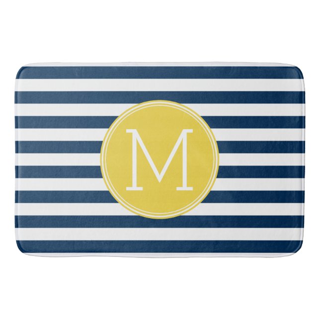 Monogram för marin och vit stripe Mönster Gult Badrumsmatta (Framsidan)