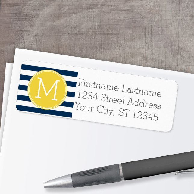 Monogram för marin och vit stripe Mönster Gult Returadress Etikett (Personalized Return Address Label)