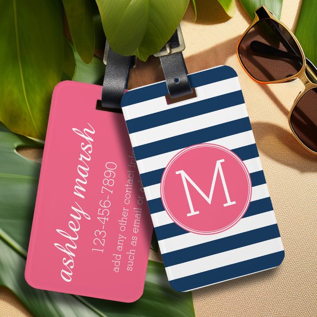 Monogram för marin och vit stripe Mönster Shock ro Bagagebricka (Personalized luggage tag with preppy striped pattern and monogram - contact info on back)