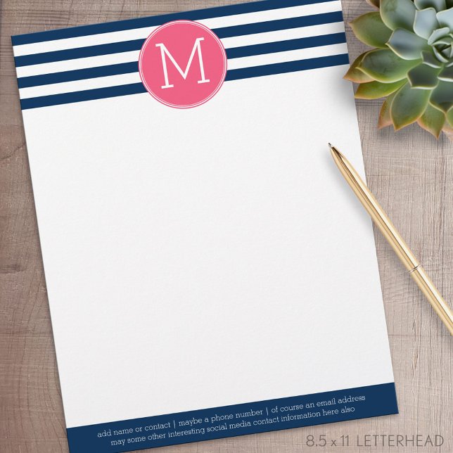 Monogram för marin och vit stripe Mönster Shock ro Brevhuvud (Personalized Letterhead )