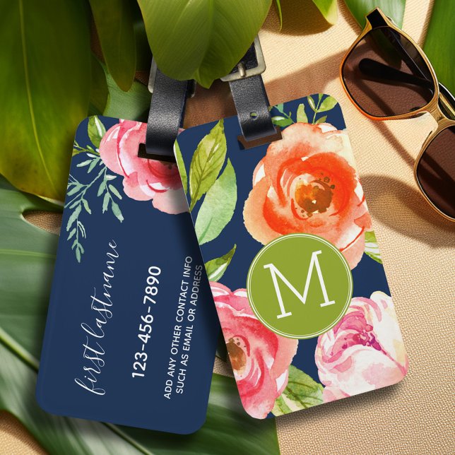 Monogram för marina och färgade vattenfärgsblommor bagagebricka (Personalized luggage tag with monogram - contact info on back)